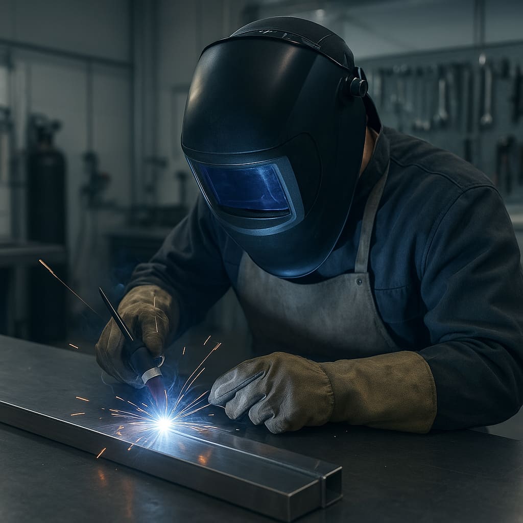 Fachkraft beim TIG-Schweissen in sauberer Werkstatt