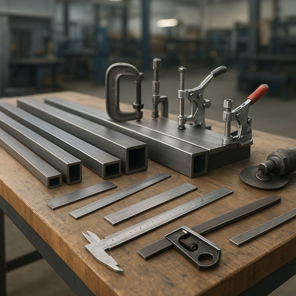 Werkbank mit zugeschnittenen Stahlprofilen und Werkzeug